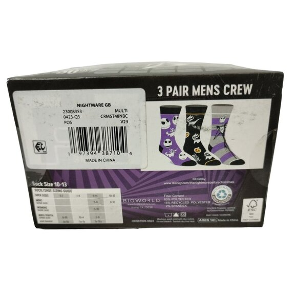 Disney Nightmare Before Christmas Mens 3 Pack Crew Socks Sizes 10-13 BioWorld - Picture 2 of 6